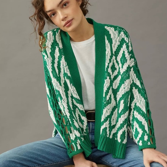 NWT Anthropologie Krisha Green & White Cardigan - Picture 1 of 12